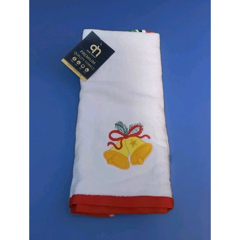 Christmas Holiday Hand Towel Set Santa Hat Bell Tree Present Cocoa Star 2Pk